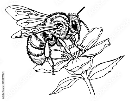 Honey Bee on Flower Line Art