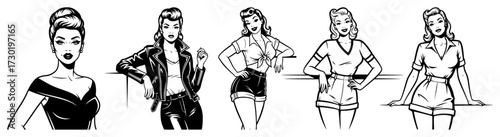 Retro Pin Up Women Poses Line Art