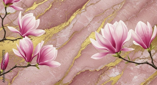 Pink magnolia wallpaper on marble with gold veins — elegant floral mural in watercolor, ideal for luxury wall decor.