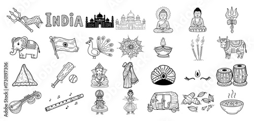 India Culture Icons Set Line Doodle Illustration