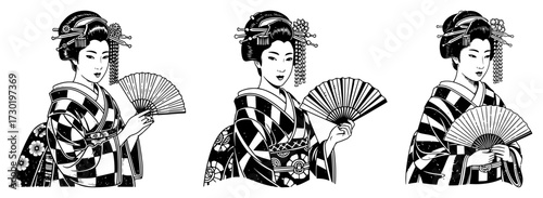 Japanese Geisha Women with Fans Line Art