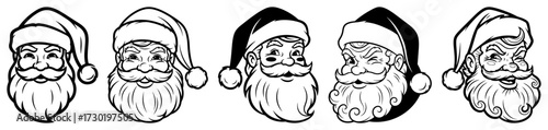 Santa Claus Faces Set Christmas Line Art