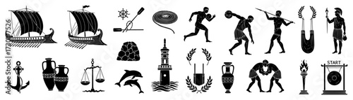 Ancient Greece Icons Set Myth and Sport Line Art
