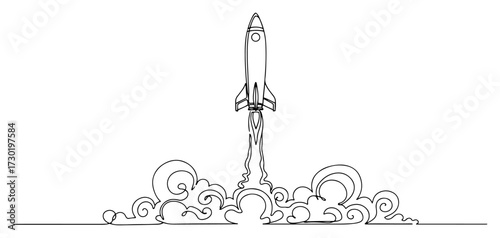 Minimal Rocket Launch With Smoke Line Art