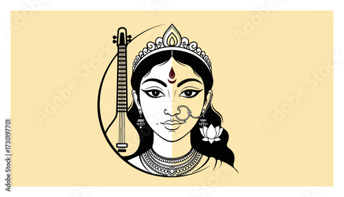 Goddess Saraswati With Veena Illustration