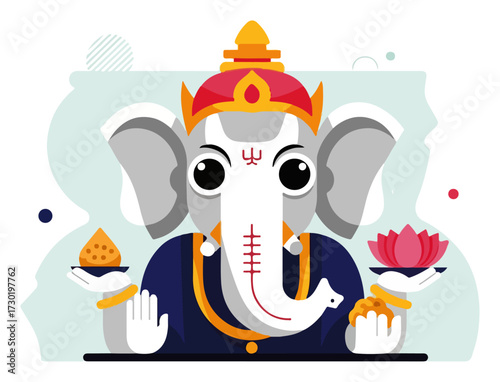 Cute Lord Ganesha Cartoon With Lotus and Laddu
