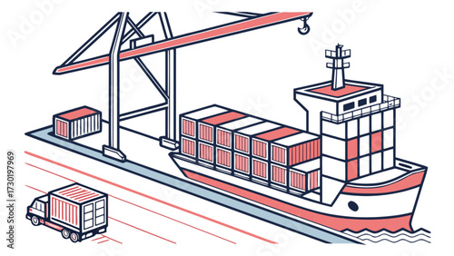 Illustration of a cargo ship loaded with containers being unloaded at a port with a truck waiting