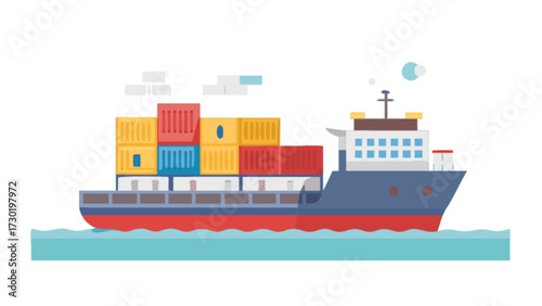 Illustration of a cargo ship carrying colorful containers sailing on the ocean with clouds in the sky