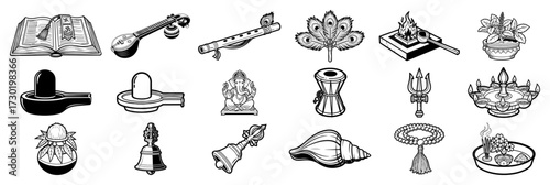 Hindu Puja Items and Symbols Icon Set