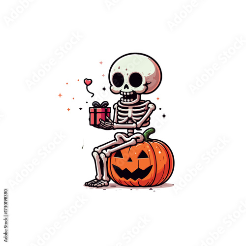Skeleton Proposing to Alien with Pumpkin – Cute Whimsical Halloween T-Shirt Design, Generative Ai