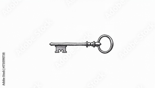 Antique key with a round handle on a plain white background  