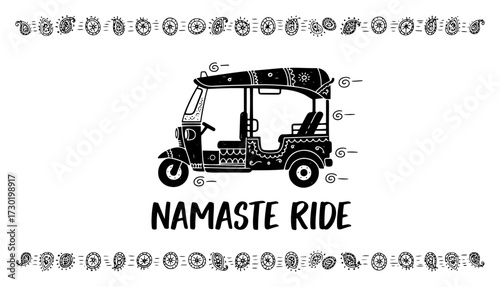 Namaste Ride Tuk Tuk Illustration with Paisley Border