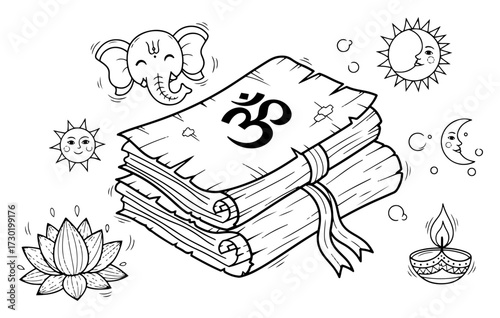 Vedic Scriptures with Om and Ganesh Line Art