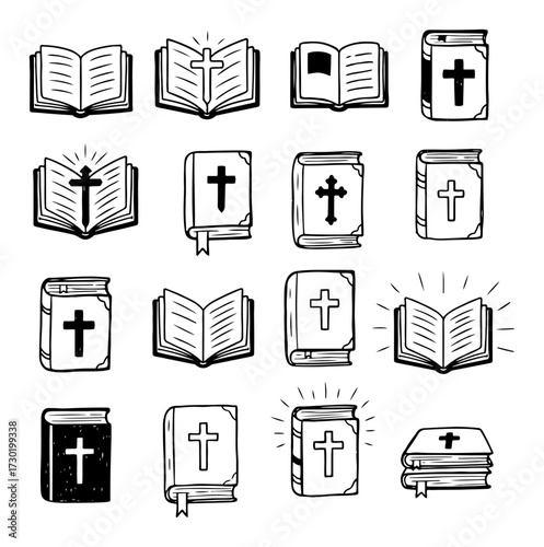 Christian Bible Icons Set Books with Cross