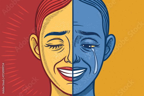Split face shows joy and sadness duality. in detailed view.