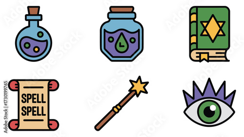 Vector art of collection of magical objects, including potion bottles, a spellbook, a scroll, a wand, and an allseeing eye for mystical arts