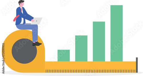 Business analytics, data visualization, performance metrics concept with character.
