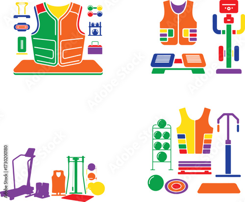 Colorful gym equipment and vests exercise weights