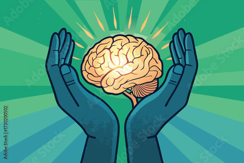 Two hands cupping a glowing human brain with rays emanating.