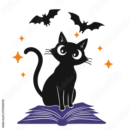 Halloween black cat reading book with bats and stars vector illustration for spooky season design