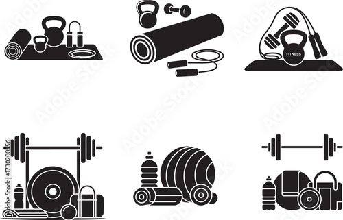 Fitness equipment collection icons kettlebell dumbbell
