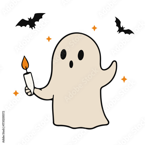 Cute halloween ghost holding candle with bats illustration for halloween party and trick or treat event