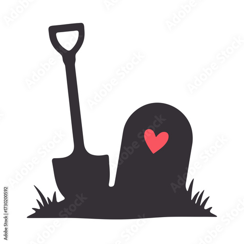 Grave digging with love heart headstone and shovel vector illustration for halloween or funeral design