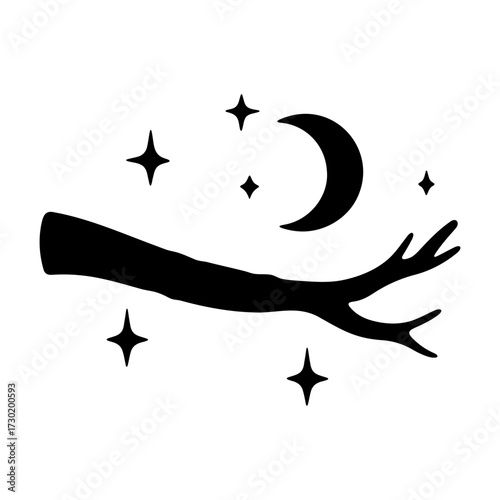 Night sky illustration with crescent moon stars and tree branch vector design graphic element 