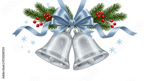 Silver Christmas Bells | Elegant Blue Ribbon & Pine Holiday Decoration