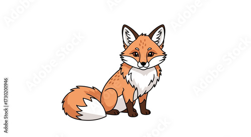 Adorable cartoon fox sitting attentively with bushy tail and curious expression, perfect for children's books and nature themes