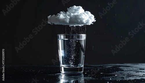 A crystal-clear glass of water with a miniature storm cloud inside it, raining only over the water, on a glossy black surface