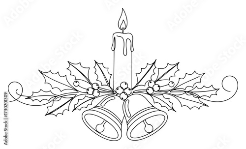 Christmas Candle with Holly and Bells Line Art