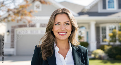 Real estate woman stands in front of a suburban house, smiling