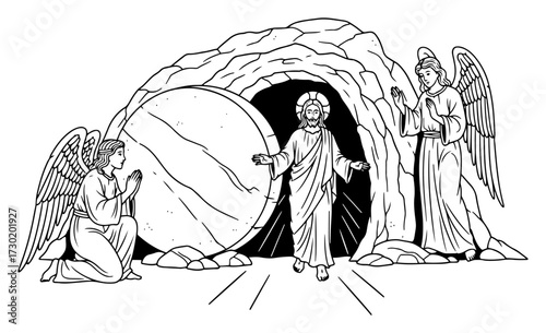 jesus resurrection vector illustration with angels holy biblical outline design