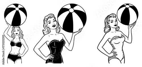 Pinup Girls with Beach Ball Vintage Set