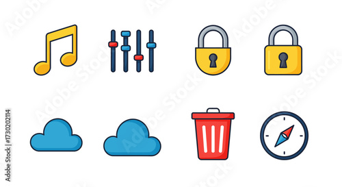 A collection of colorful cartoon-style icons including music, settings, security, cloud storage, trash, and navigation symbols on a white background.