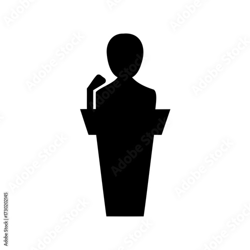 Black silhouette of a person giving a speech at a podium graphic