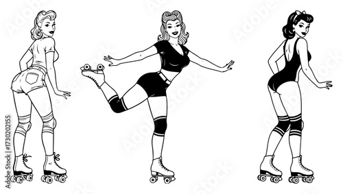 Retro Pinup Roller Skating Girls Line Art