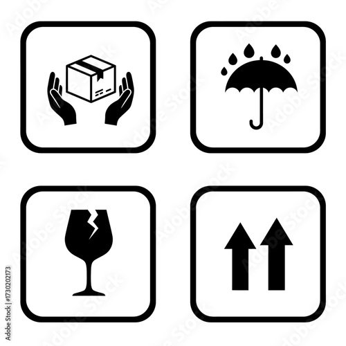 A set of four black and white shipping and handling symbols: Handle with Care, Keep Dry, Fragile, and This Way Up.
