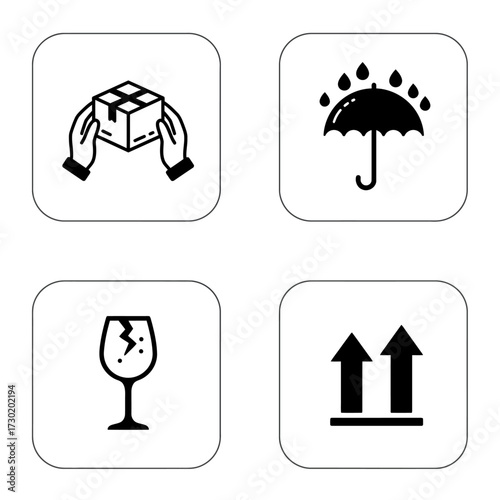 Four black and white icons representing common shipping and packaging instructions like handle with care, keep dry, fragile, and this way up.