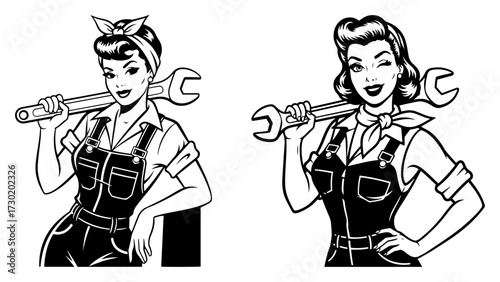 Retro Pin Up Mechanic Woman with Wrench
