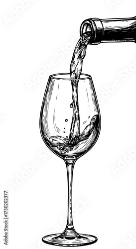Pouring liquid from a bottle into a wine glass. Vintage, hand drawn