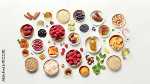 Fototapeta Naklejka Na Ścianę i Meble -  fresh fruits, assorted nuts, spices, seeds, herbs, baked goods, vegetables, dairy products, grains, condiments, colorful arrangement, top view, food photography
