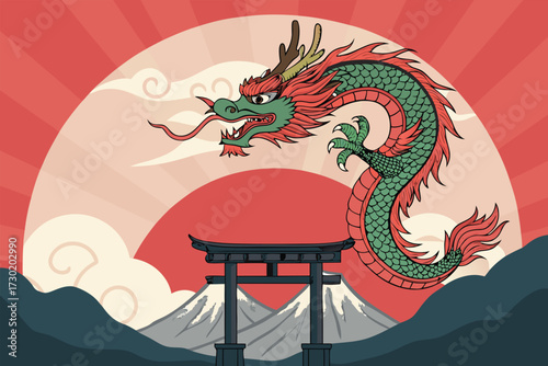 A Japanese dragon hovers over Mount Fuji and a torii gate.