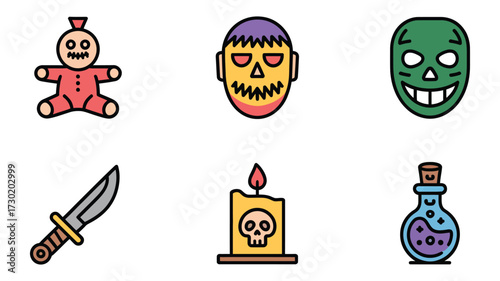 Vector art of collection of halloween icons featuring a voodoo doll, monster mask, knife, candle and poison bottle