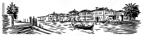 Venice Grand Canal With Gondola Panoramic Illustration