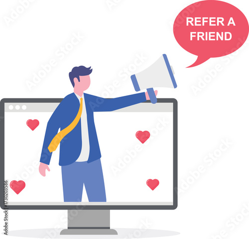 sending messages to friends, holding cellphone with contact list on screen. Vector illustration for refer a friend,
