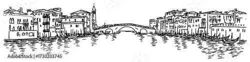 Venice Grand Canal and Bridge Hand Drawn Vector