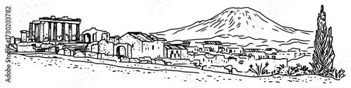 Pompeii Ruins and Mount Vesuvius Hand Drawn Vector