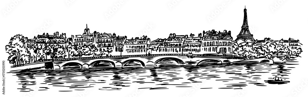 Fototapeta premium Paris Skyline with Eiffel Tower and Seine River Bridge